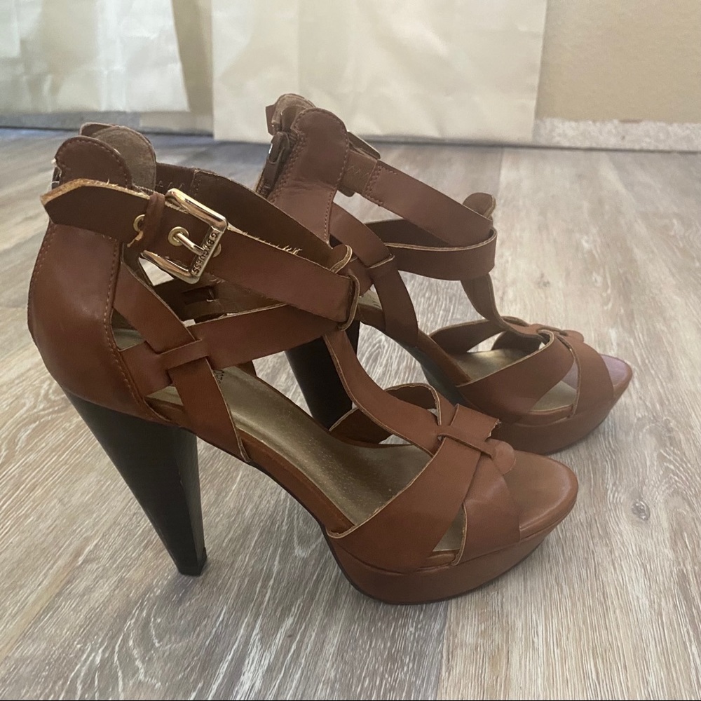 by Guess brown tan five-inch peeptoe strappy heels